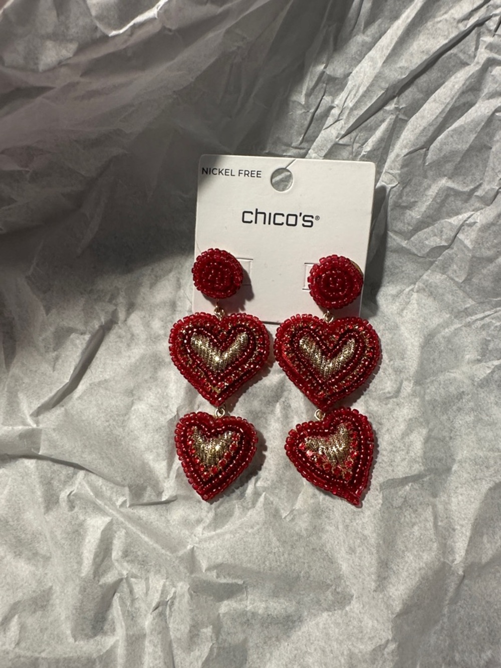 Chico's Red and Gold Beaded Double Heart Drop Earrings